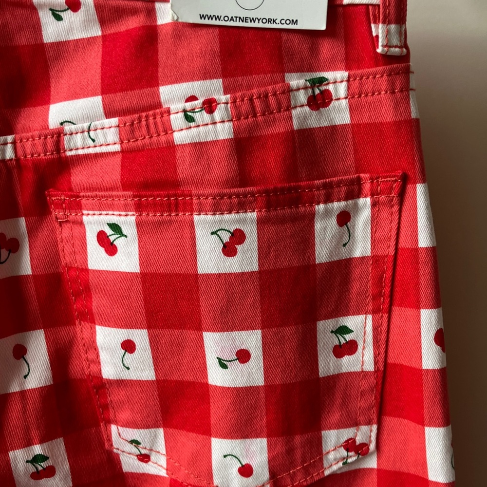 OAT Red Checkered Cherry Print High Waist Wide-Leg Pants Women’s Size 2/26 NWT - Picture 6 of 8